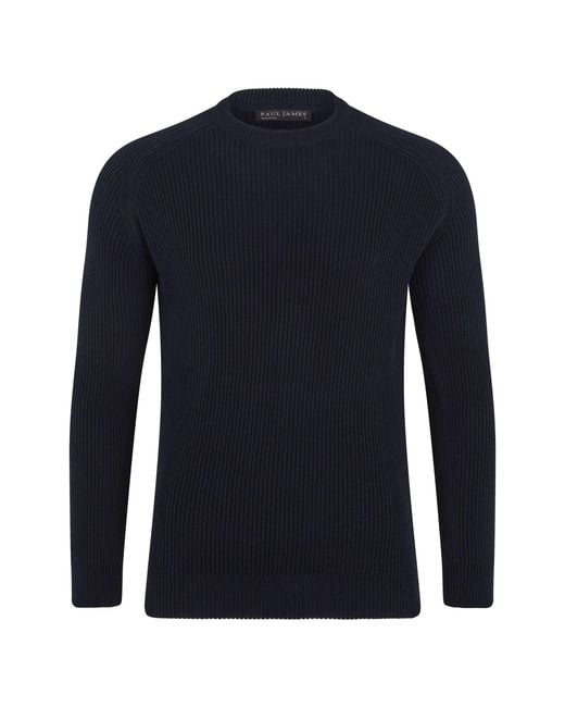 Paul James Knitwear Blue Midweight Cotton Logan Ribbed Crew Neck Jumper for men