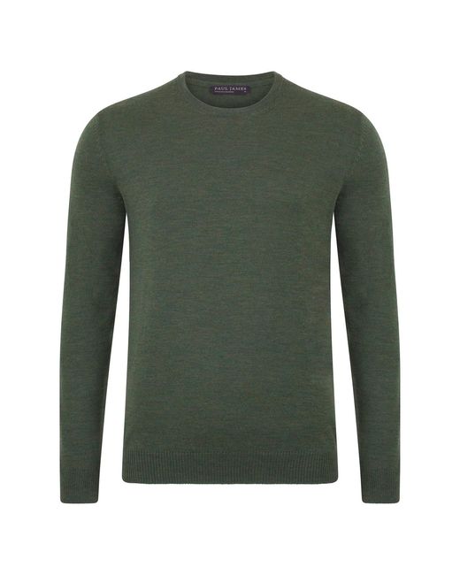 Paul James Knitwear Green Extra Fine Merino Wool Callington Crew Neck Jumper for men