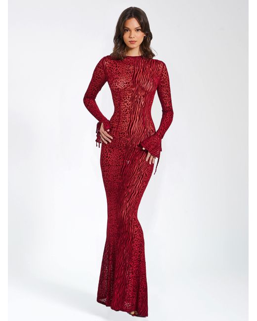 Miss Circle New York Red Waylynn Burnout Velvet Detail Mesh Backless Maxi Dress
