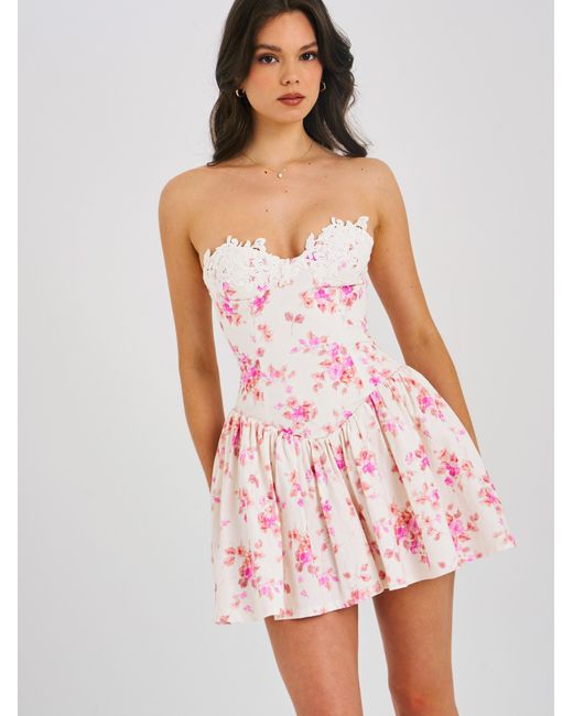Miss Circle New York Pink Samara Floral Drop Waist Linen Corset Puffy Mini Dress