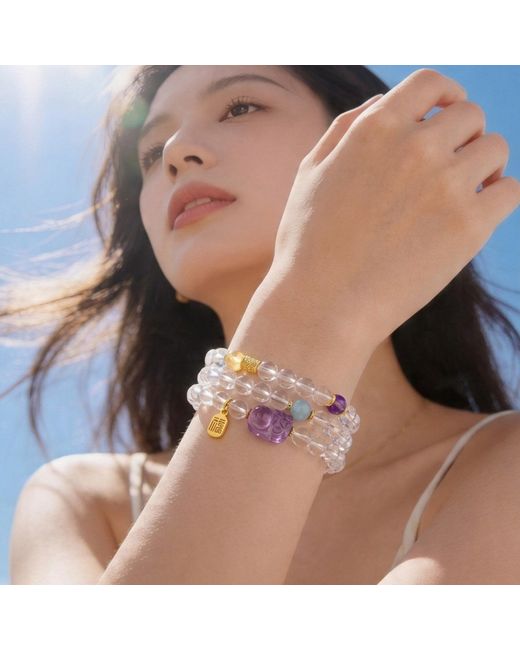 Ormiro Pink Pixiu Clear Quartz, Amethyst & Aquamarine Wrap Bracelet