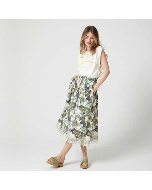 Lalipop Design Green Linen Tiered Drawstring Skirt With Trims Of Lace Appliques