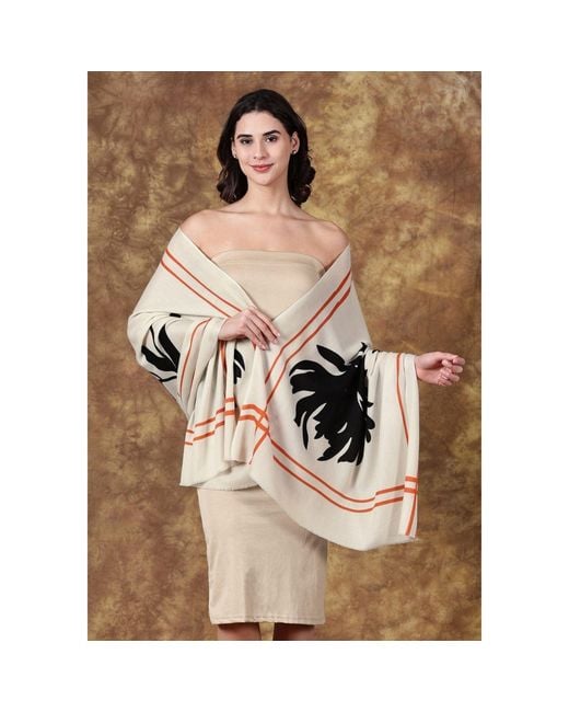 Heritagemoda Pink Hand-Painted Wool-Silk Scarf – Ivory With Burnt & Floral Accents