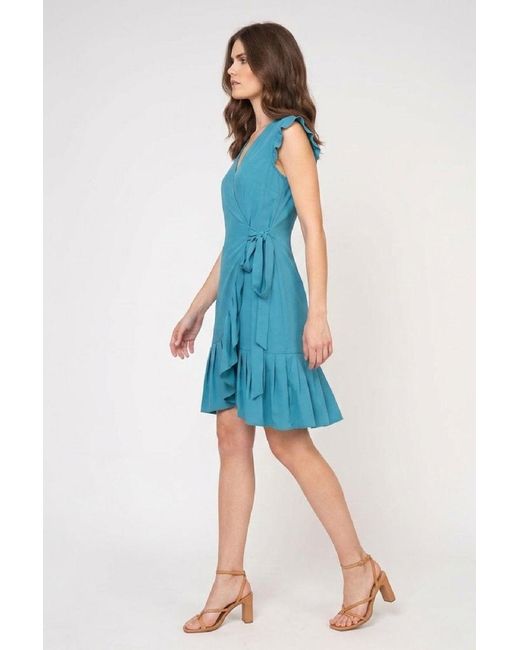 Conquista Blue Sleeveless Ruffled Wrap Dress