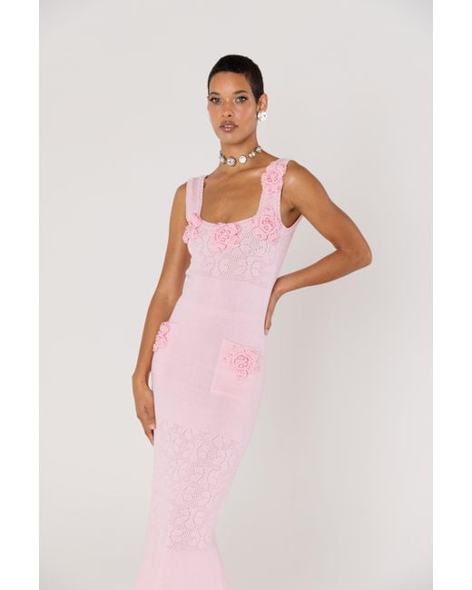 Andreeva Pink Rose Vanilla Knit Dress With Handmade Knit Details