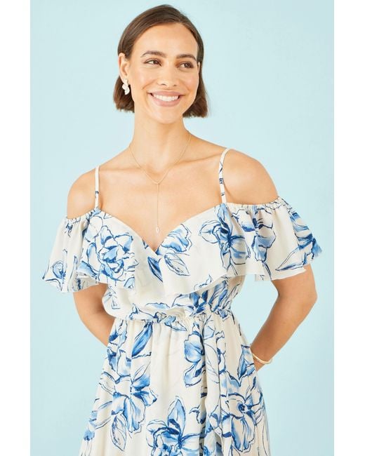Yumi' Blue Neutrals Ivory Floral Print Bardot Midi Dress With Dip Hem