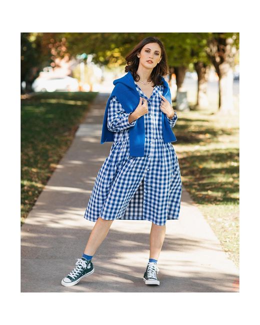 Zenzee Blue Cotton Linen Gingham Shirt Dress Cobalt