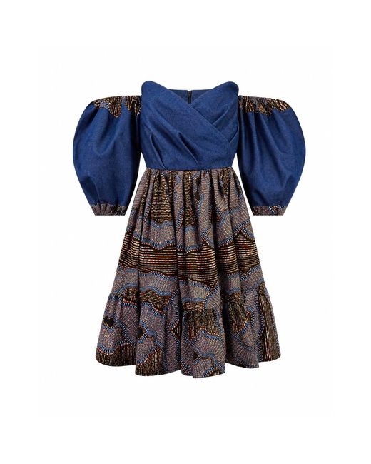 Ohema Ohene Blue Michaela Denim & African Print Off-Shoulder Dress