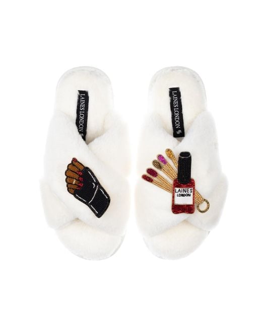 Laines London White Neutrals Classic Laines Slippers With Cocoa Nail Tech Brooches