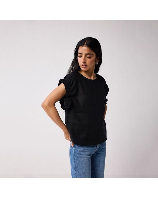 REISTOR Black Hemp Top With Gathered Sleeve Detail