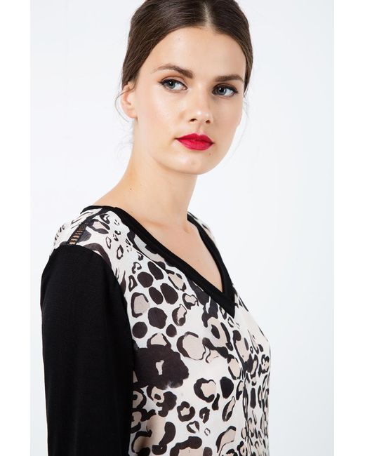 Conquista Black Long Sleeve Print Top With Trim Detail