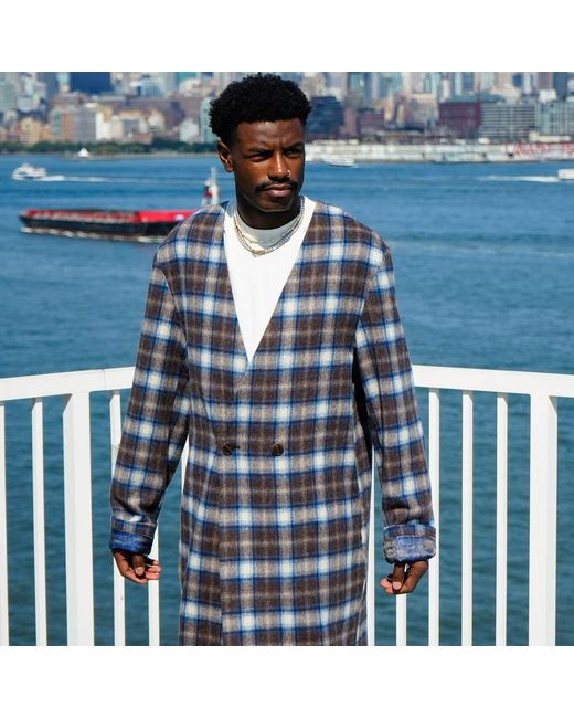 Éclectique Blue Plaid Collarless Long Coat for men