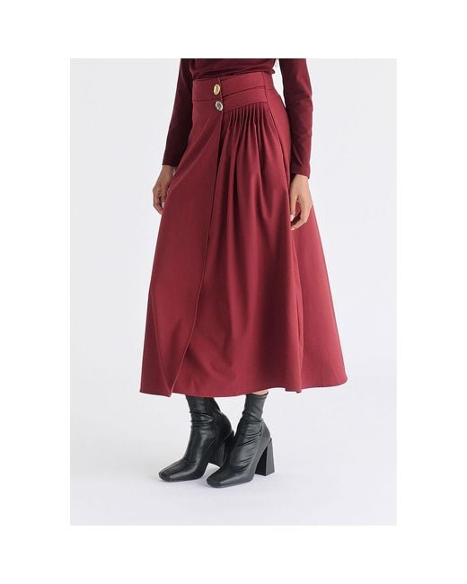 Paisie Red Wrap Midi Skirt With Pleated Detail