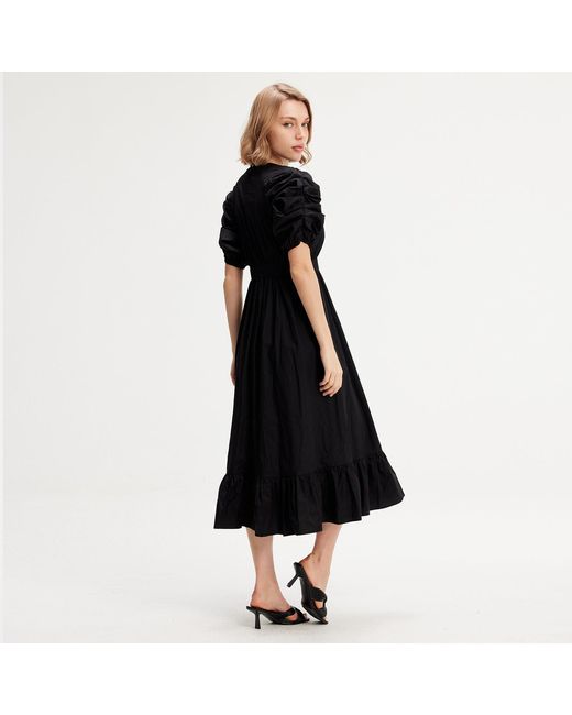 Smart and Joy Black Trapeze Dress With Puffed Sleeves