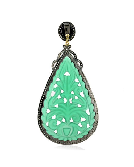 Artisan Green Carved Onyx & Pave Diamond Drop Shape Pendant In 18k Solid Gold With Silver