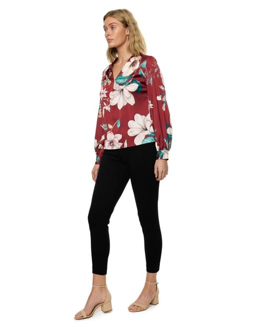 Carloslines Red V-Neck Pleat Detail Balloon Long Sleeve Blouse