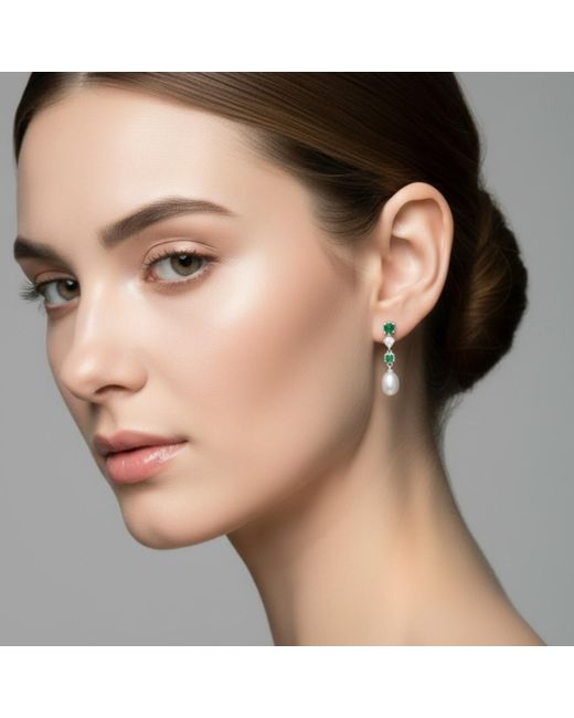 Latelita London White Pearl Whisper Drop Earrings Emerald