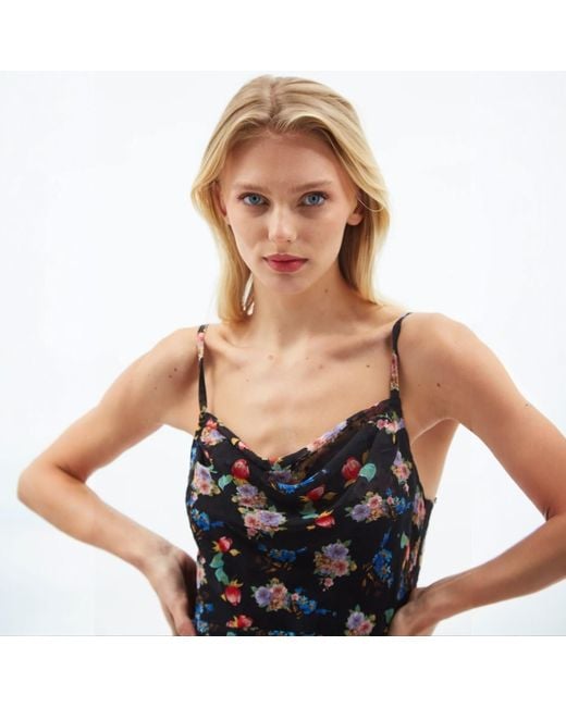 Louche Black Dina Carpathian Florals Print Asymmetric Strappy Midi Dress