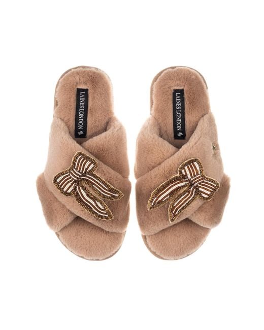 Laines London Brown Neutrals Classic Laines Slippers With & Pearl Beaded Stripe Bow Brooches