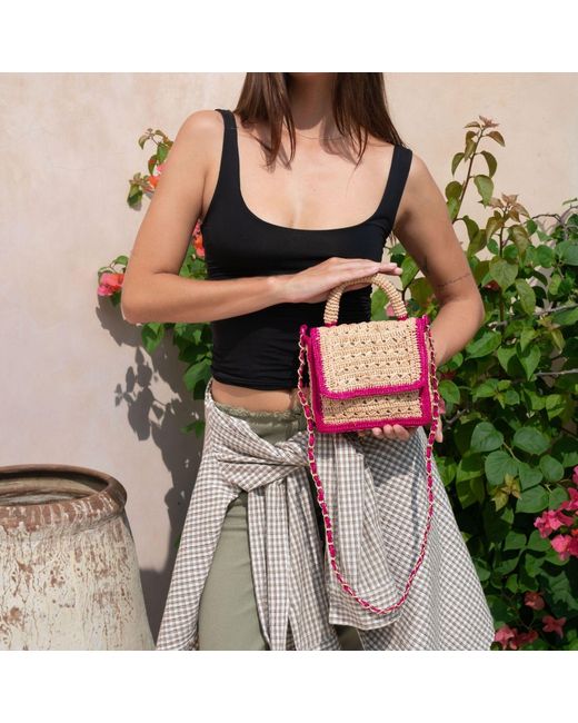Zanatany Concepts Pink Brouly Raffia Bag- Fushia