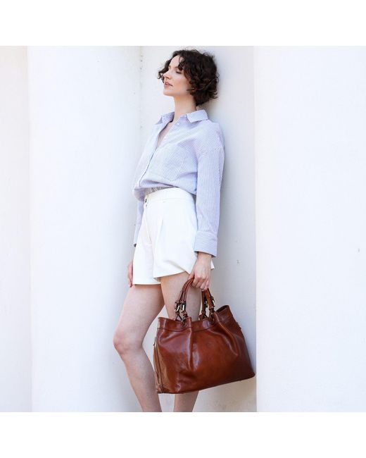 Time Resistance Brown Cognac Leather Tote Bag For