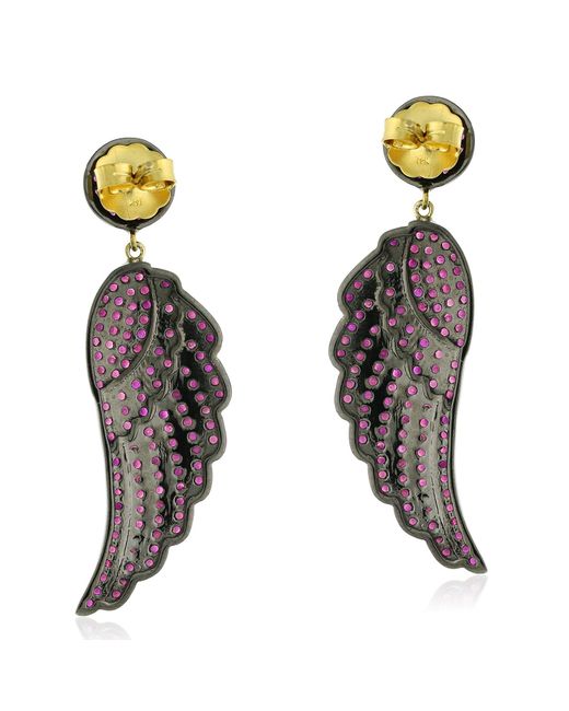Artisan Purple Solid 14k Gold & Silver In Pave Ruby Gemstone Angel Wing Shape Dangle Earrings