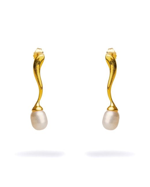 Ebru Jewelry Metallic Wave Vermeil Pearl Drop Statement Earrings