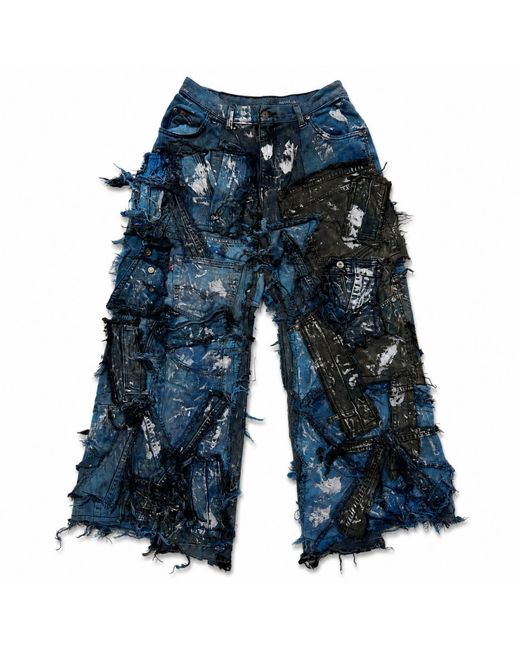 Zasta Studio Blue Wearable Ruins Shredded Wide Leg Colored Denim Pants F