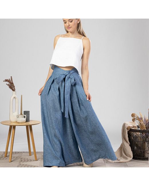 Nikka Place Blue Wide Leg Baggy Linen Pants With High Waist And Front Tie