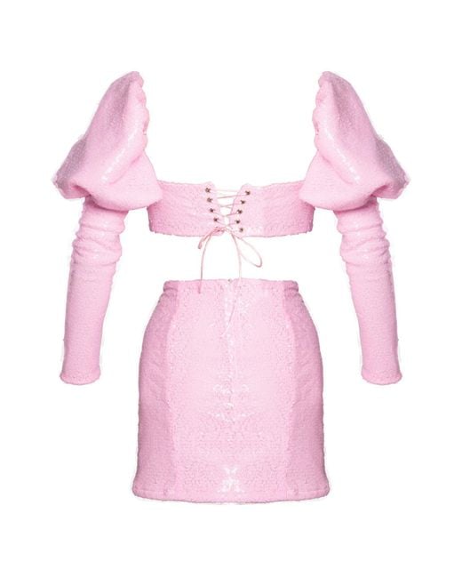 Ettie Pink Sequin Puff Sleeve Crop Top And Mini Skirt Co-Ord