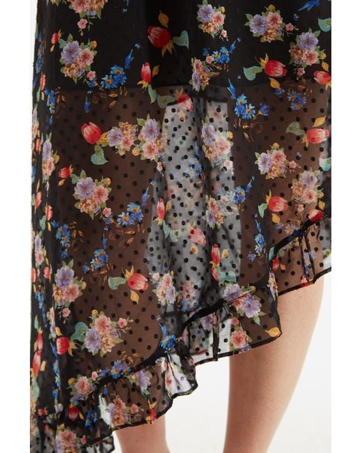 Louche Black Dina Carpathian Florals Print Asymmetric Strappy Midi Dress