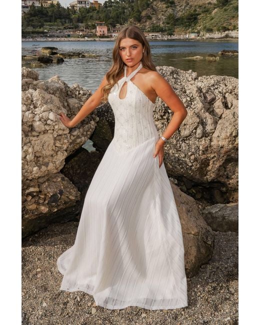 Amy Lynn White Gaia Cream Crochet Halterneck Maxi Dress