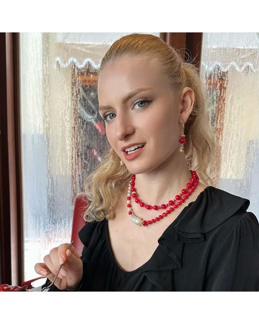 Farra Red Freshwater Pearls And Coral With Baroque Pearls Elegant Necklace