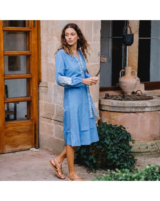 LAtelier London Blue Embroidered Midi Shirt Dress