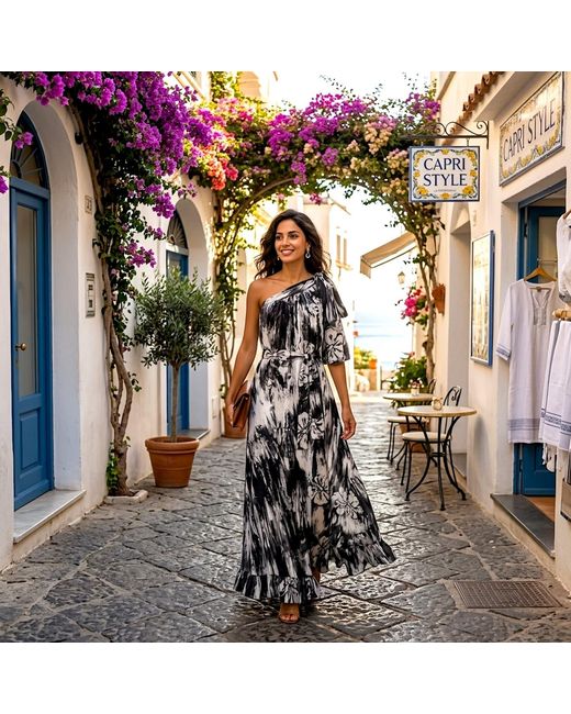 Nyny Ryke Black Wilma, One-Shoulder Batik Maxi Dress & Floral Cotton Dress