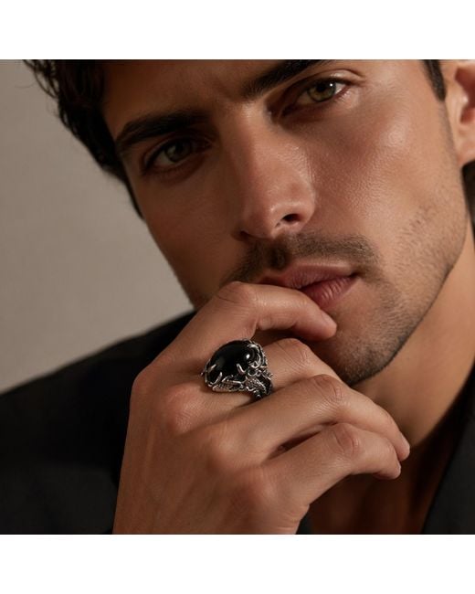 Unaloe Black Sterling Dragon Ring With Onyx for men