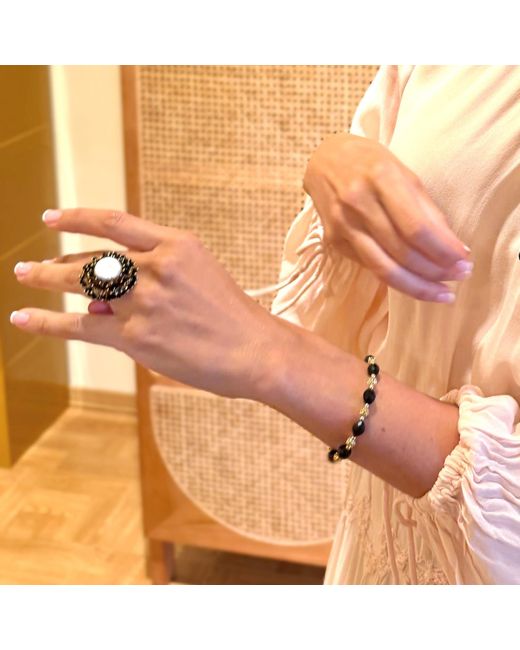 Farra Black Romantic Style Freshwater Pearl With Obsidian Cocktail Ring