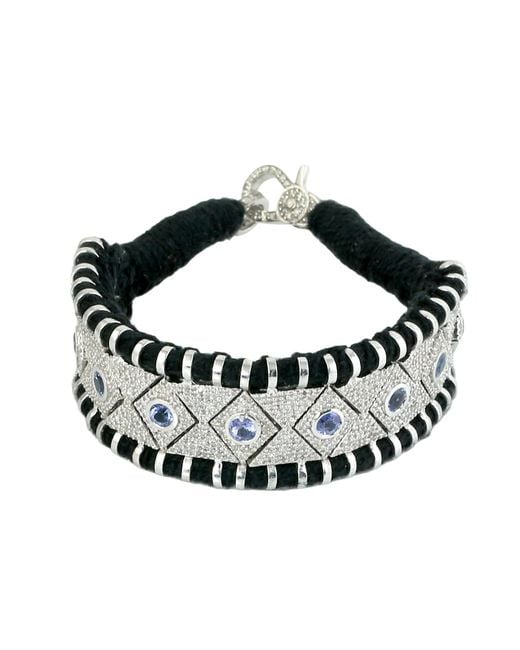 Artisan Black 925 Sterling Diamond & Tanzanite Cord Statement Bracelet