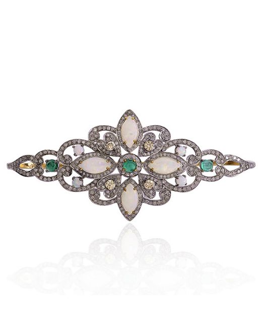 Artisan White Marquise Cut Ethiopian Opal & Emerald Pave Diamond In 18k Solid Silver Palm Bracelet