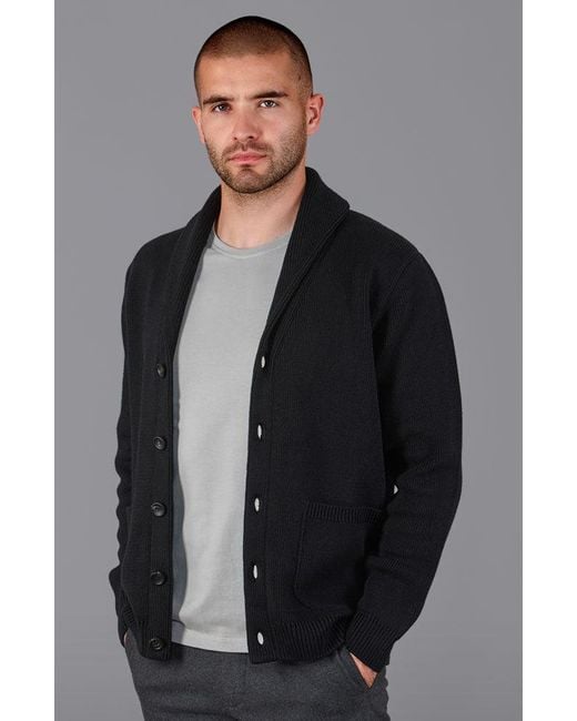 Paul James Knitwear Blue Midweight Cotton Shawl Collar Sebastian Cardigan for men