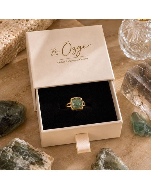 By Ozge Green Natural Mystic Labradorite Plated Adjustable Statement Ring