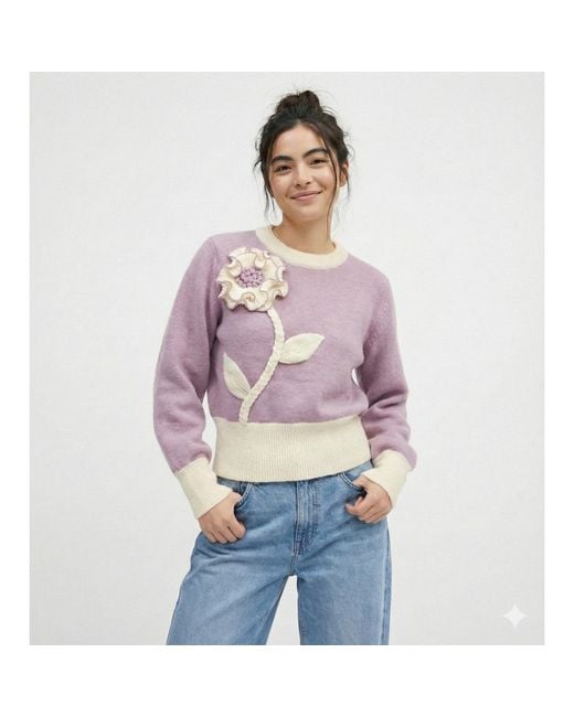 Saachi Purple Ruffled Bloom Pullover Sweater