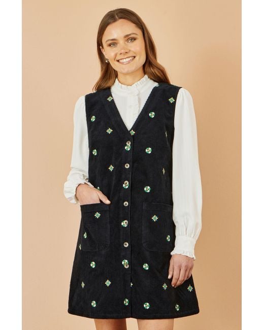 Yumi' Black Flower Embroidered Button Up Pinafore Dress