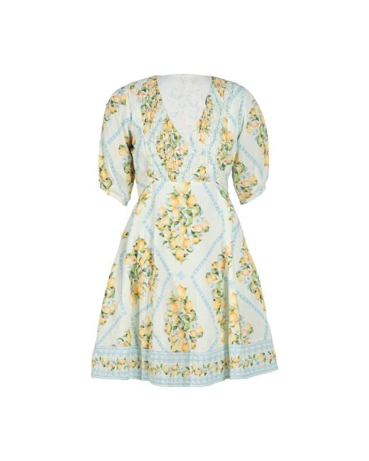 Rose & Nancy Blue Kirsten Lemon Print Smock Detail Cotton Mini Dress