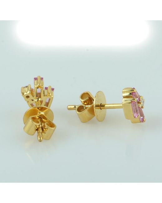 Artisan Yellow Pink Baguette Sapphire Gemstone & Diamond Prong In 18k Gold Stud Earrings