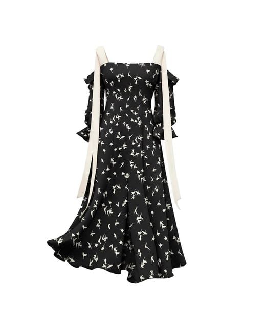 Julia Allert Black Off-Shoulder Midi Dress With Contrast Straps – Print