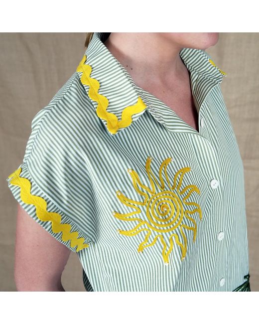Lalipop Design Green Pinstripe Cotton Shirtdress With Sun & Palm Tree Embroidery