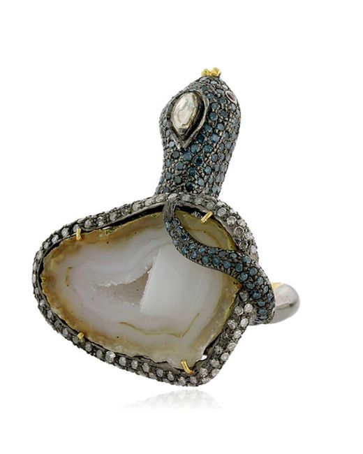 Artisan Green Multicolor Diamond Pave & Ruby With Unshaped Geode In 18k Silver Snake Stunning Ring
