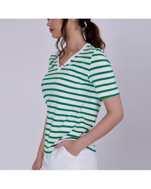 Smart and Joy Green V Neck Stripes Cotton T-Shirt