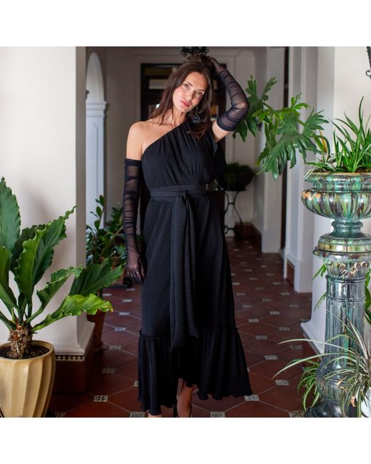 Jennafer Grace Black Diamond Pleated One-Shoulder Maxi Dress